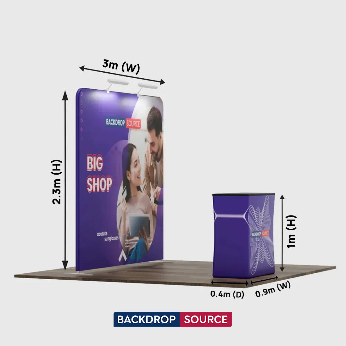 Kit espositivo 3 in 1 Exhibit Pro dritto 3m x 3m con custodia rigida per podio