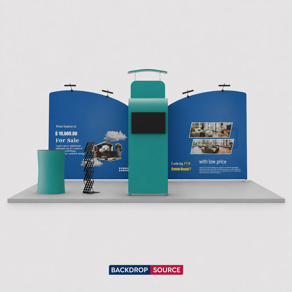 Kit espositivo con fondale dritto inclinato da 6 m con parete 3D e arco