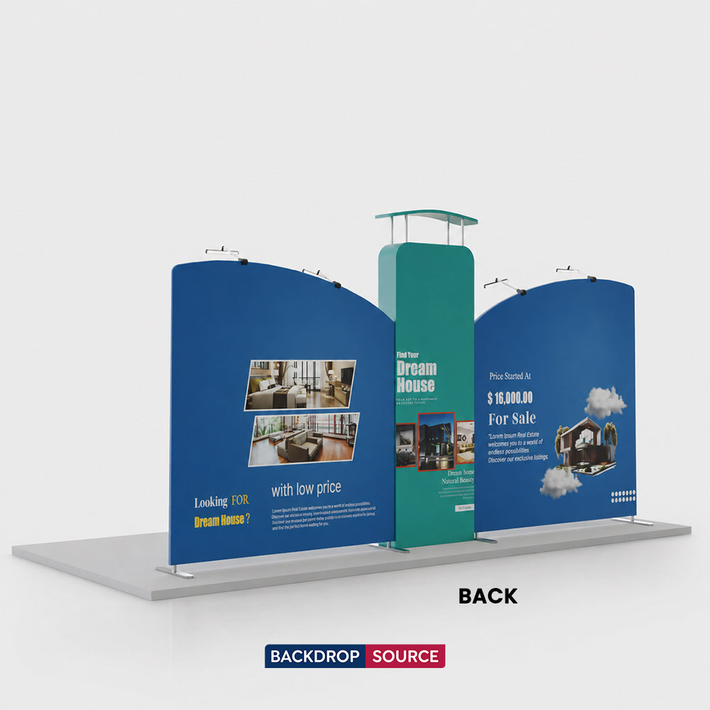 Kit espositivo con fondale dritto inclinato da 6 m con parete 3D e arco
