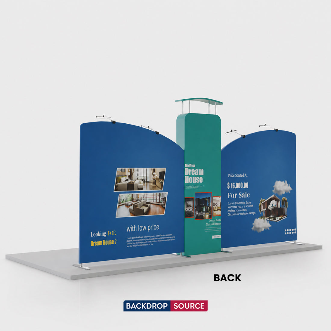 Kit espositivo con fondale dritto inclinato da 6 m con parete 3D e arco