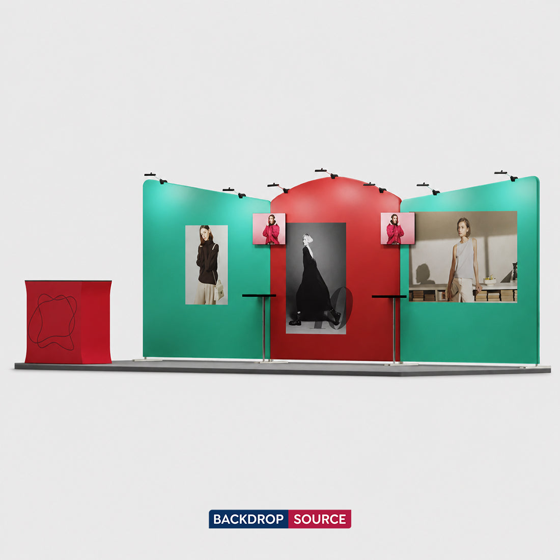 Kit espositivo con fondale dritto da 6 m con parete 3D e arco