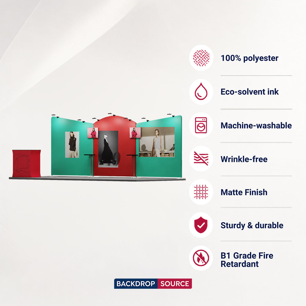 Kit espositivo con fondale dritto da 6 m con parete 3D e arco