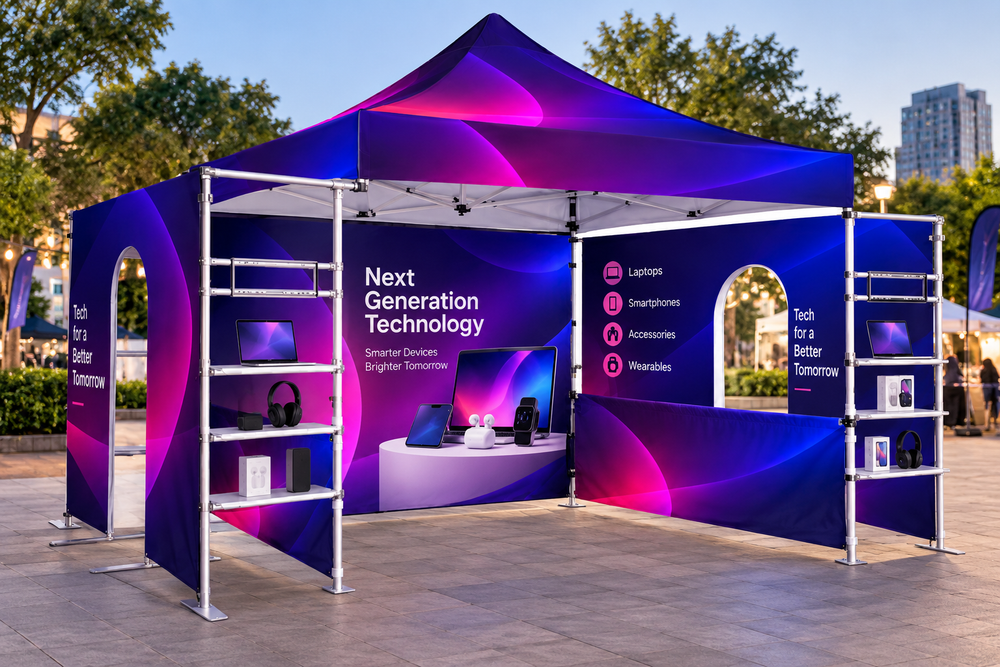 3m x 3m Fabric Canopy Kit A6 with Dual Arch Doorways & Quad Display Shelving