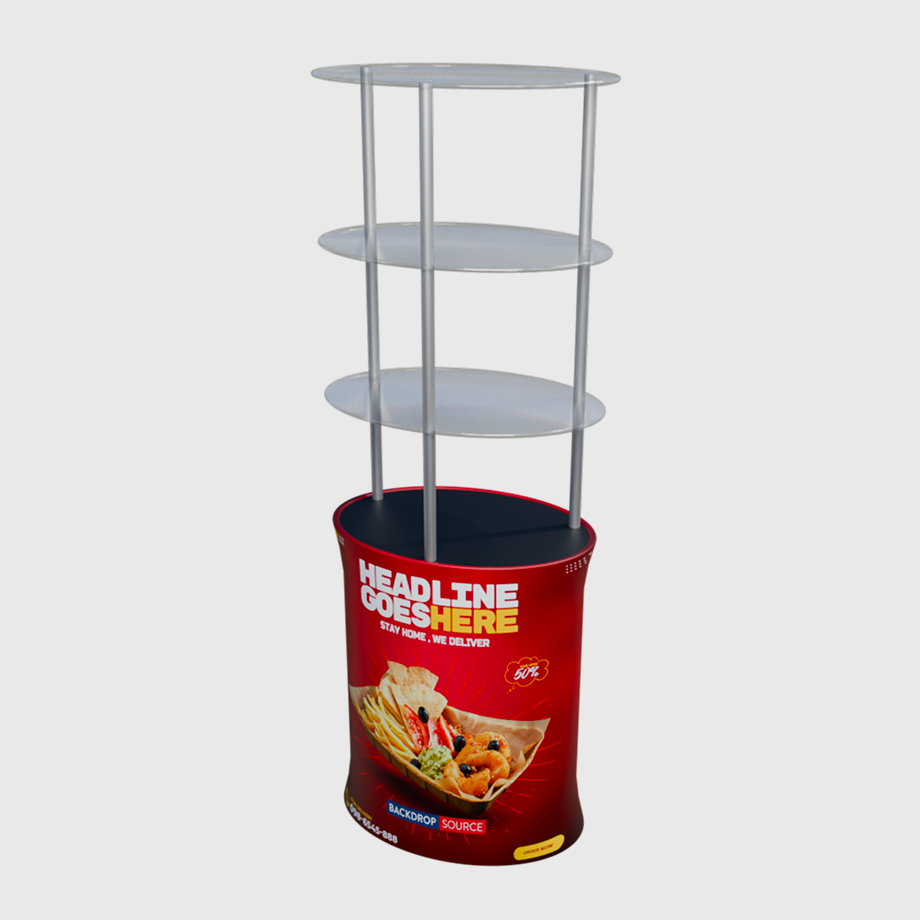 Oval Fabric Display Counter with Acrylic Triple Shelves