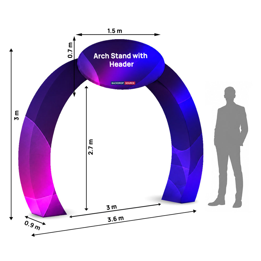 Stand per arco espositivo modulare in tessuto con testata personalizzata