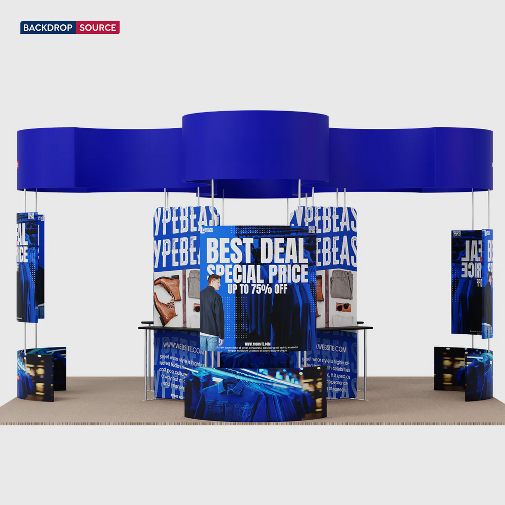 6x6m Island Booth with Curved Wall Panels & Display Shelving