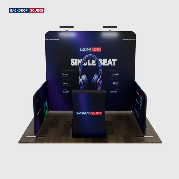 Kit stand Ultimate 3m x 3m con parete posteriore, pareti laterali, banco e luci