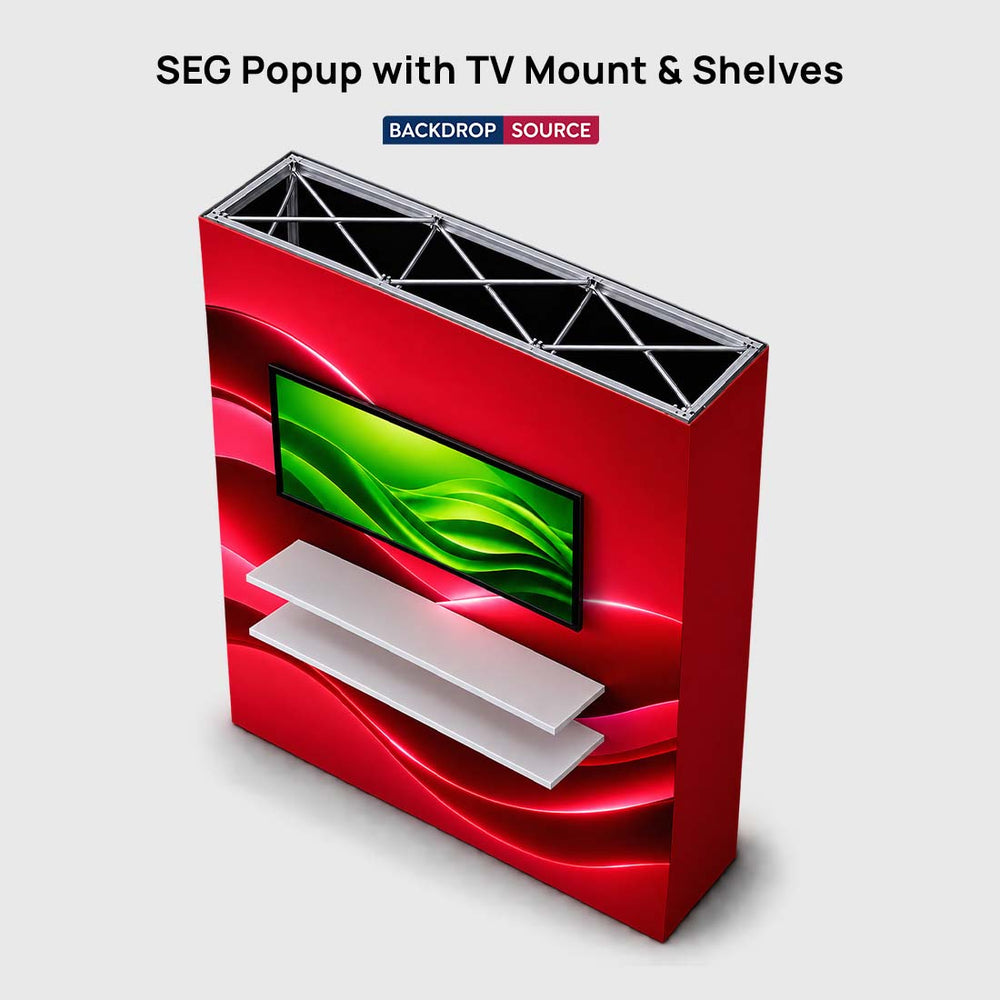 Espositore pop-up SEG con supporto TV e ripiani esterni
