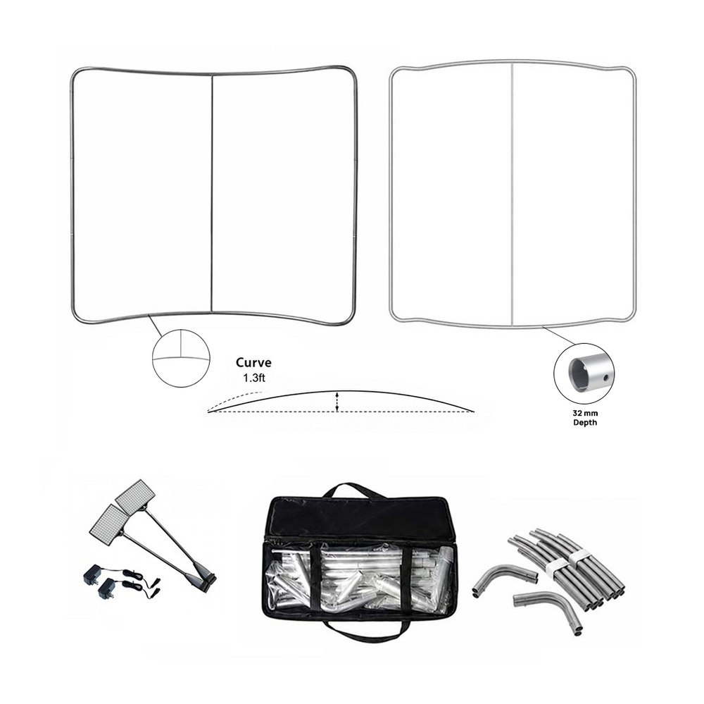 Kit Parete Grafica Curva in Tessuto Premium con Faretti a Morsetto