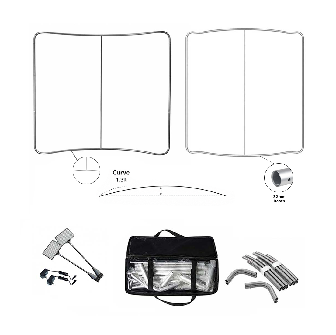 Kit Parete Grafica Curva in Tessuto Premium con Faretti a Morsetto