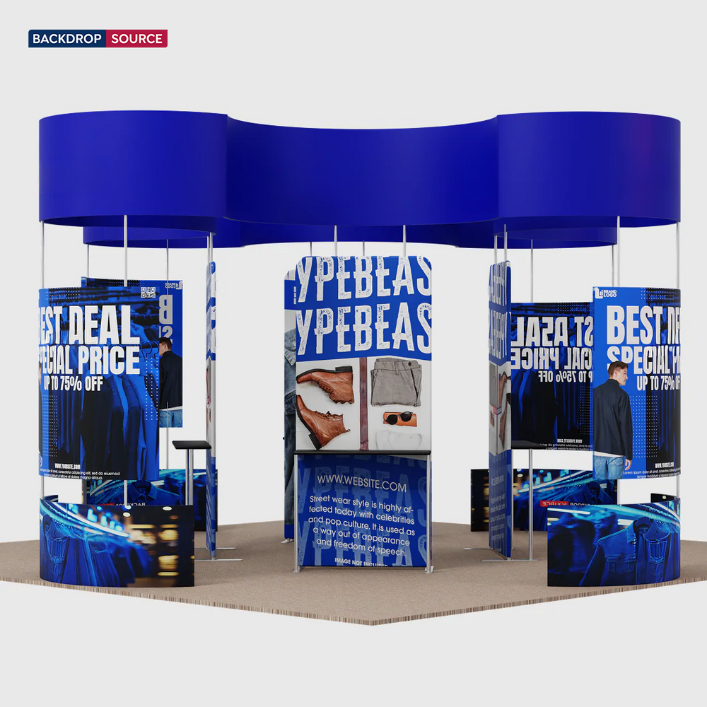 6x6m Island Booth with Curved Wall Panels & Display Shelving