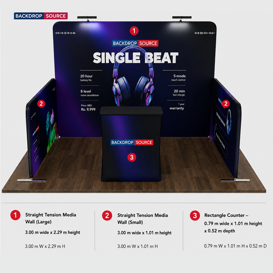 Ultimate 3m x 3m Booth Kit with Backwall, Side Walls, Counter, and Lights