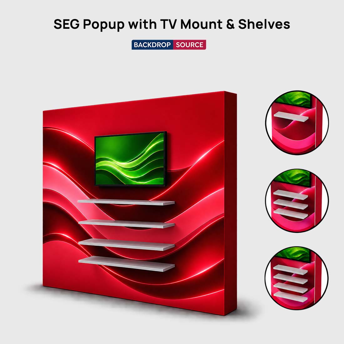 Espositore pop-up SEG con supporto TV e ripiani esterni