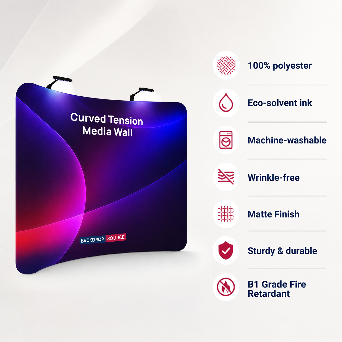 Kit Parete Grafica Curva in Tessuto Premium con Faretti a Morsetto