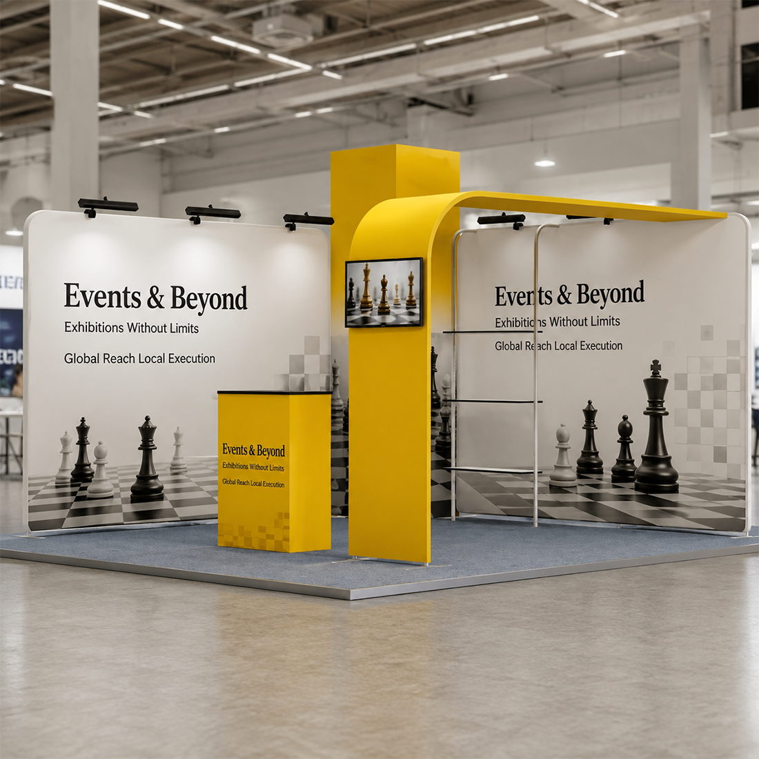 6x6m Booth Kit with Tension Walls, Cubic Tower & TV Arch