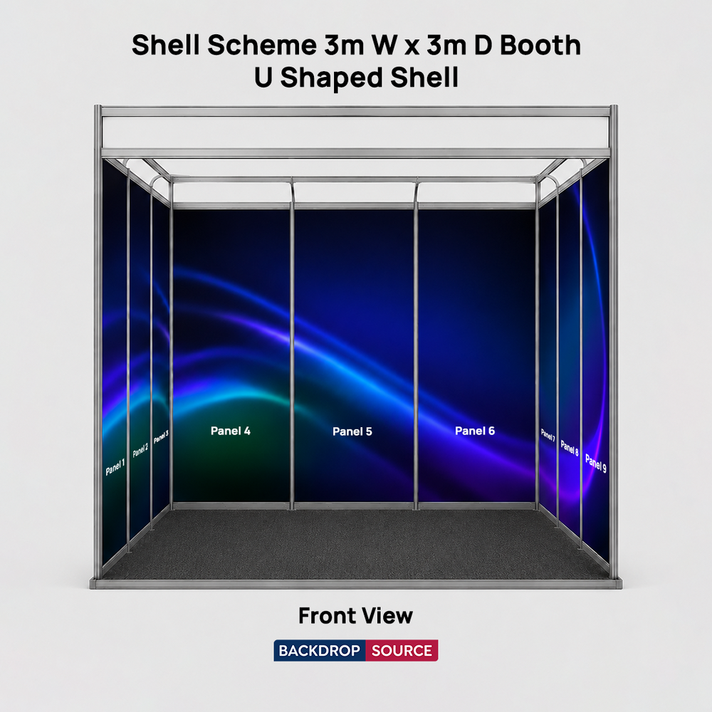 Grafica espositiva per stand di 3 m di larghezza x 3 m di profondità