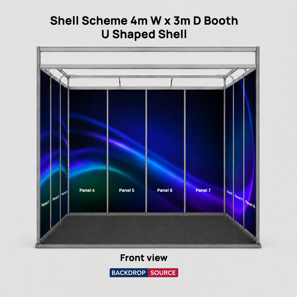 Grafica espositiva per stand di 4 m di larghezza x 3 m di profondità