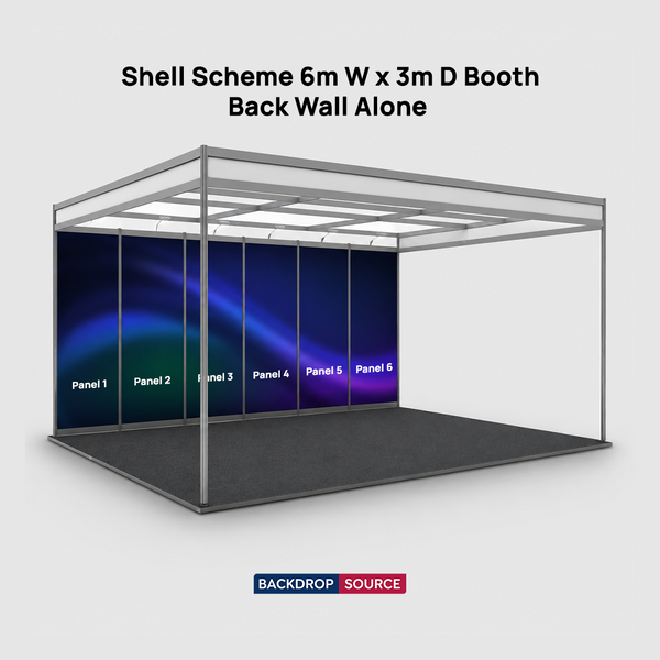 Grafica espositiva per stand di 6 m di larghezza x 3 m di profondità