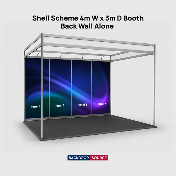 Grafica espositiva per stand di 4 m di larghezza x 3 m di profondità