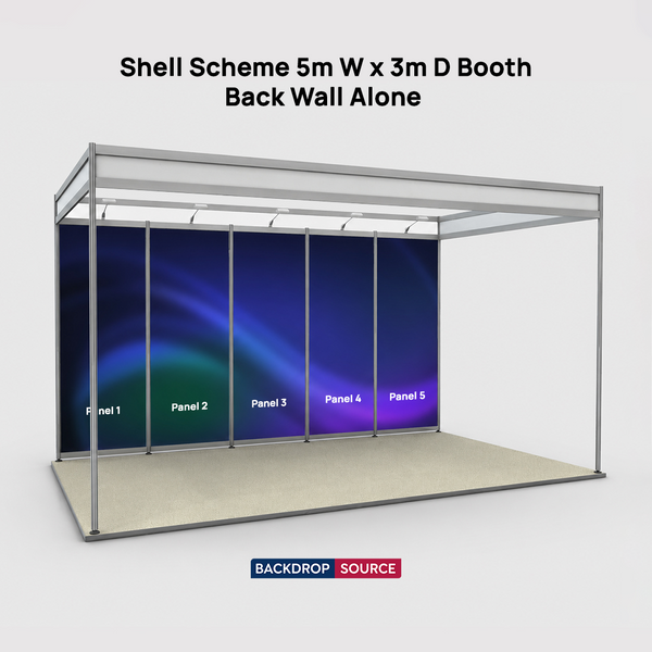 Grafica espositiva per stand di 5 m di larghezza x 3 m di profondità