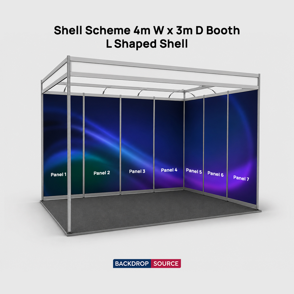 Grafica espositiva per stand di 4 m di larghezza x 3 m di profondità
