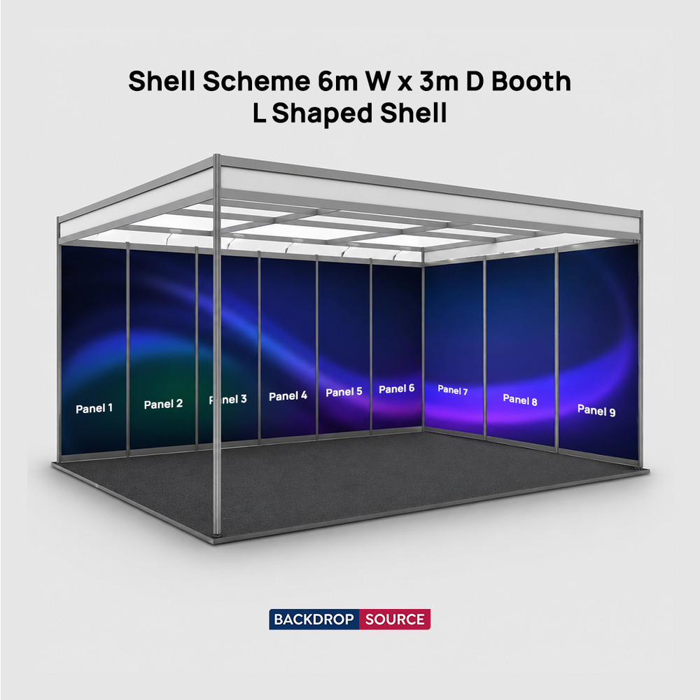 Grafica espositiva per stand di 6 m di larghezza x 3 m di profondità
