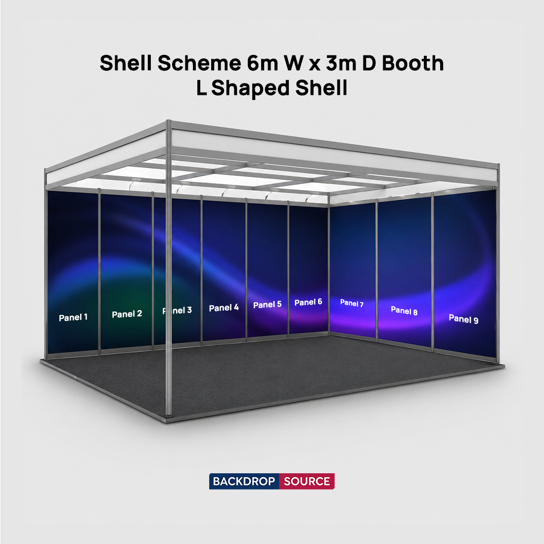 Grafica espositiva per stand di 6 m di larghezza x 3 m di profondità