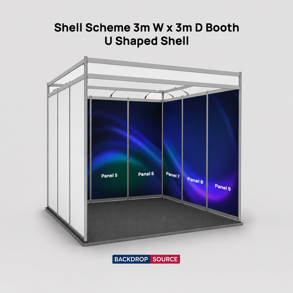 Grafica espositiva per stand di 3 m di larghezza x 3 m di profondità