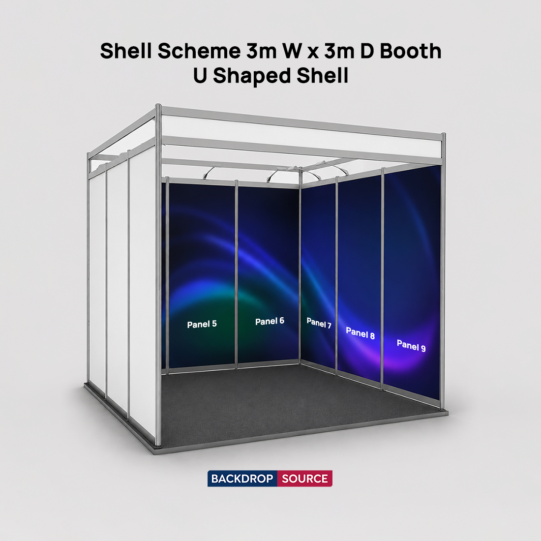 Grafica espositiva per stand di 3 m di larghezza x 3 m di profondità