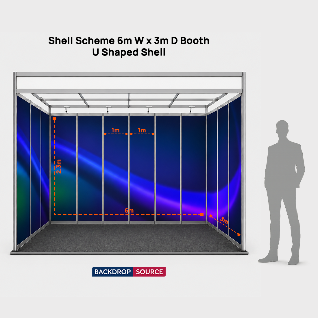 Grafica espositiva per stand di 6 m di larghezza x 3 m di profondità