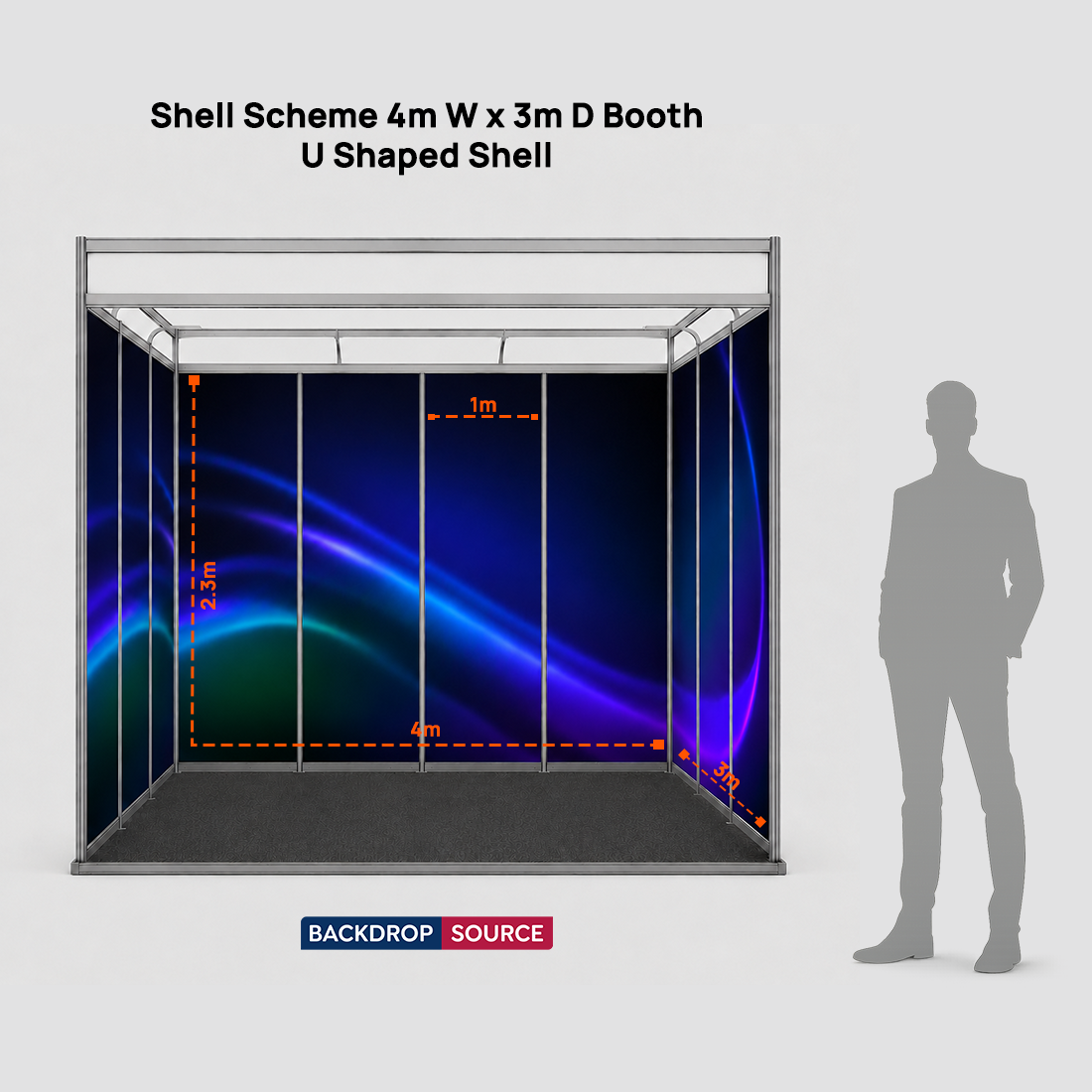 Grafica espositiva per stand di 4 m di larghezza x 3 m di profondità