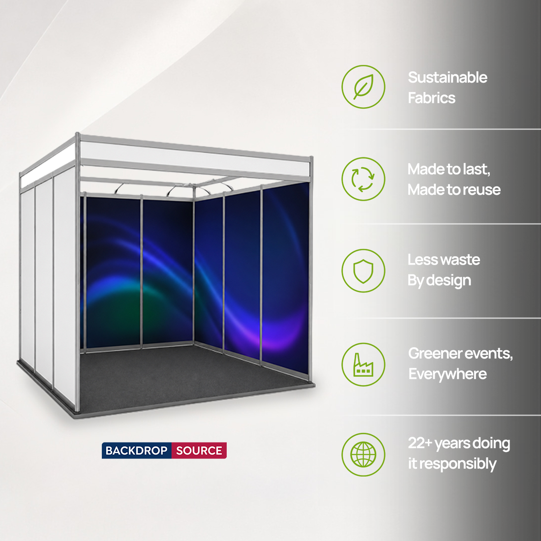Grafica espositiva per stand di 3 m di larghezza x 3 m di profondità