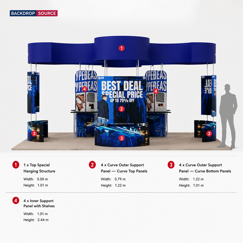 6x6m Island Booth with Curved Wall Panels & Display Shelving