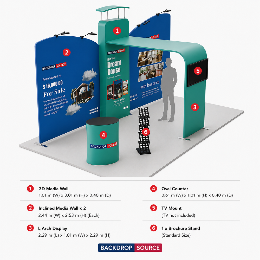 Kit espositivo con fondale dritto inclinato da 6 m con parete 3D e arco