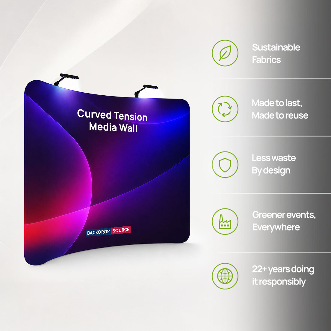 Kit Parete Grafica Curva in Tessuto Premium con Faretti a Morsetto