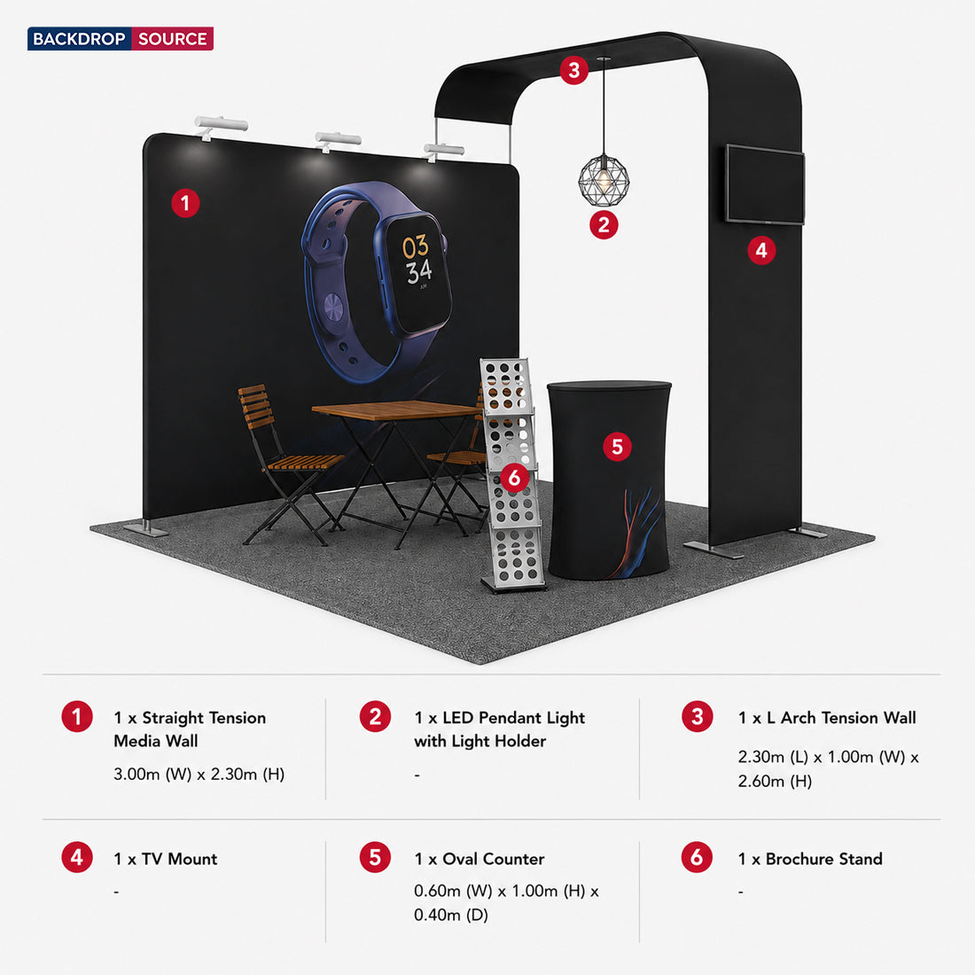 Kit espositivo modulare per TV ad arco L per stand larghi 3 m