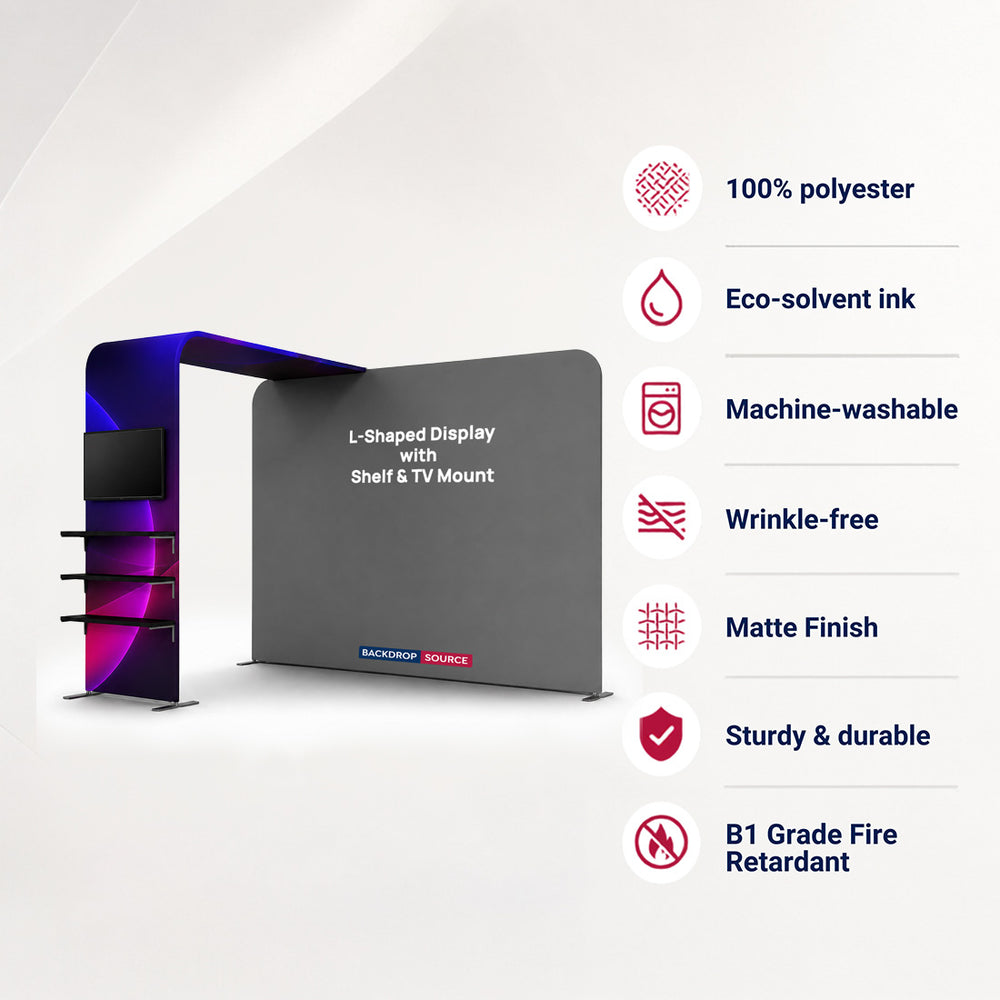 Espositore portatile a L in tessuto con mensola e supporto TV