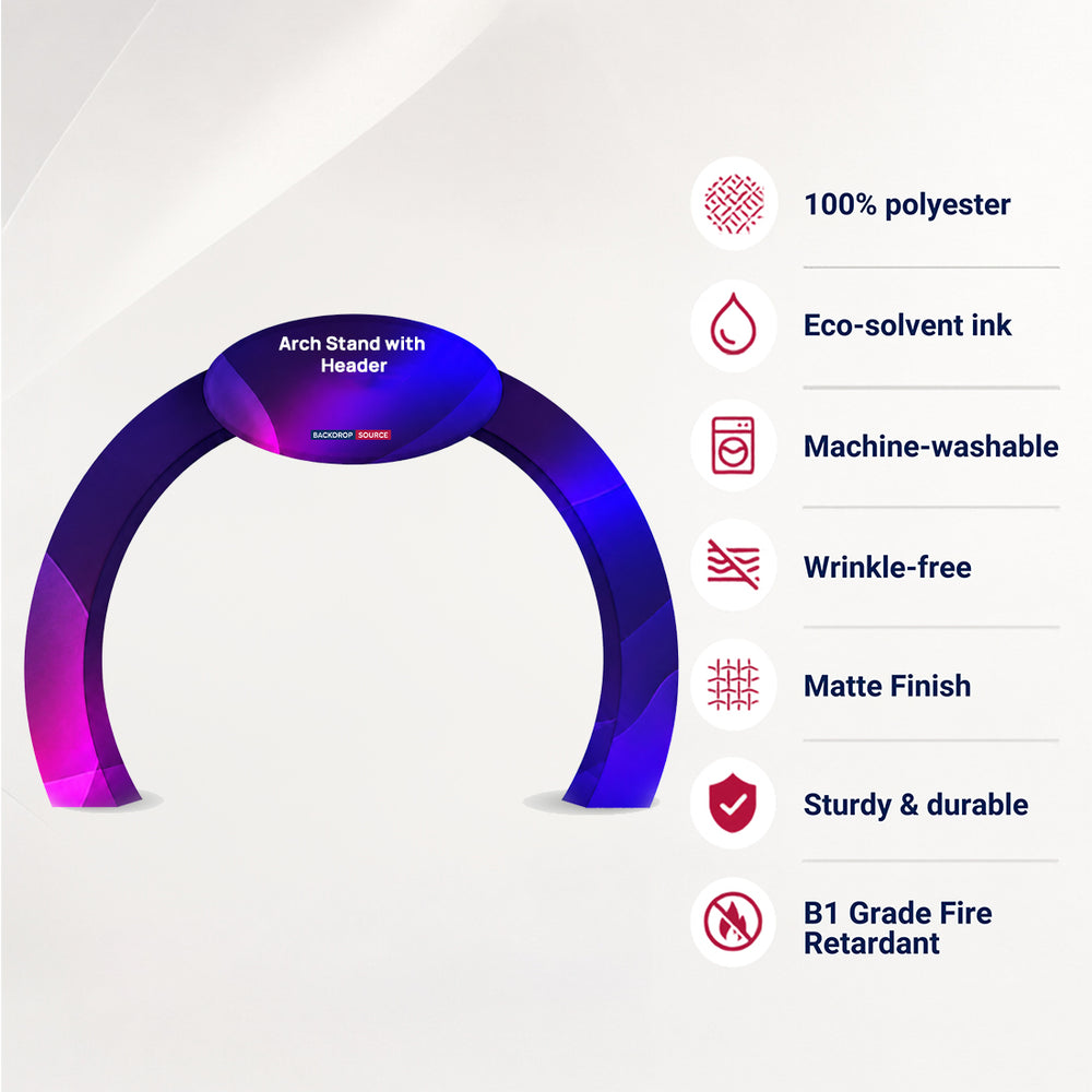 Stand per arco espositivo modulare in tessuto con testata personalizzata