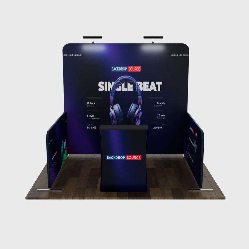 Kit de stand Ultimate de 10 x 10 con pared trasera, paredes laterales, mostrador y luces