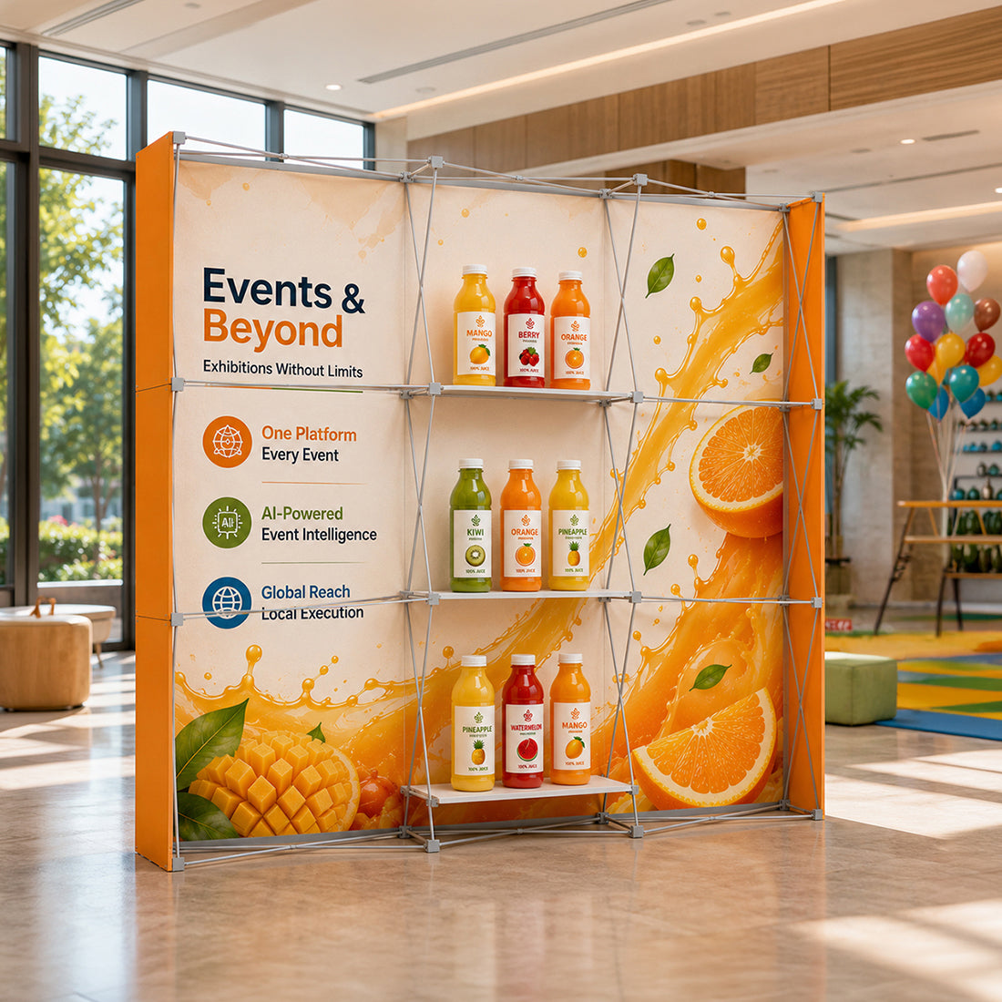 Portable Pop-Up Display Wall with Shelving (Dual-Side Print)