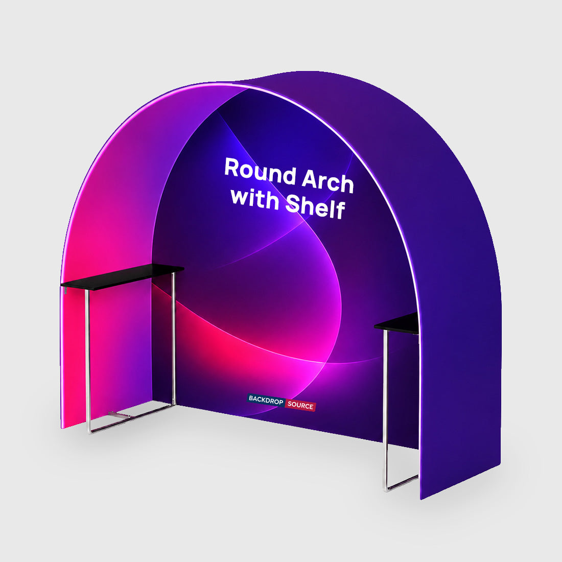 Stand fieristico con arco in tessuto circolare e scaffale integrato