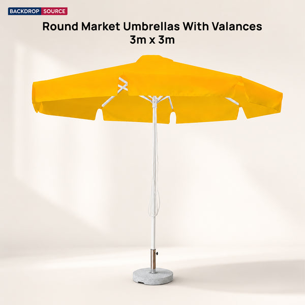 Round Market Umbrellas With Valances – 3m x 3m