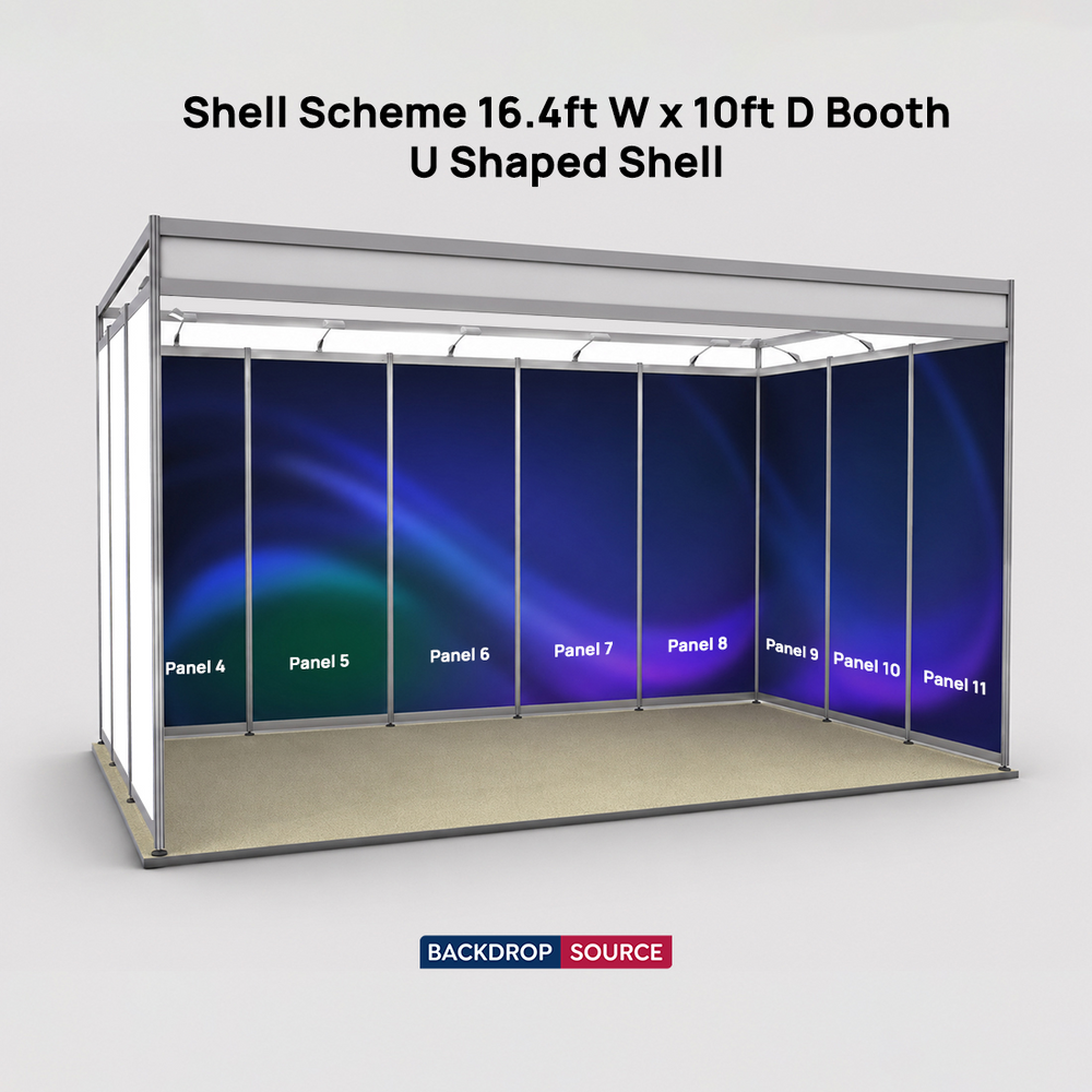 Gráficos de exhibición de esquema de concha para stand de 16,4 pies de ancho x 10 pies de profundidad