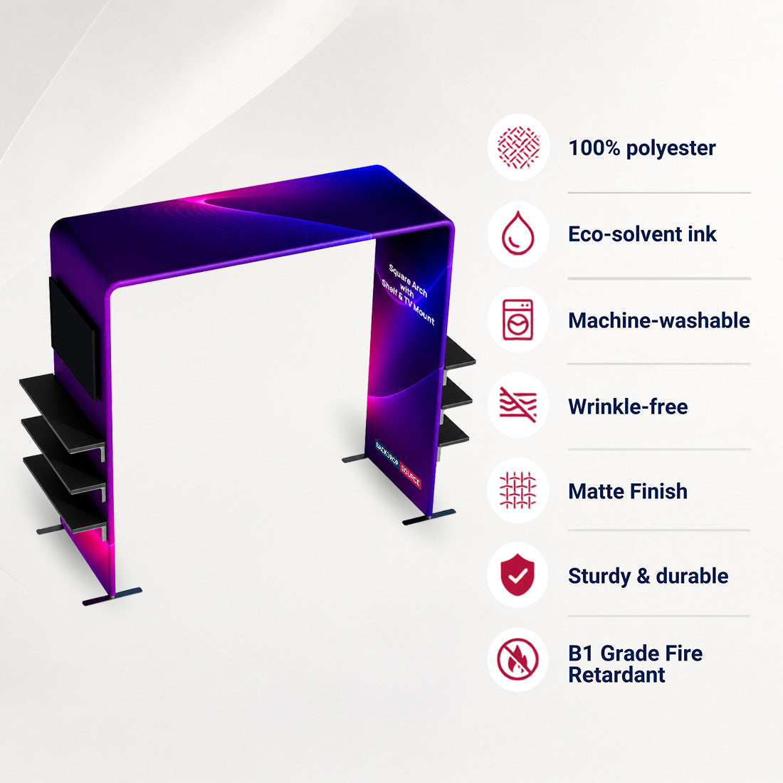 Vitrina de arco cuadrado con estante y soporte para TV