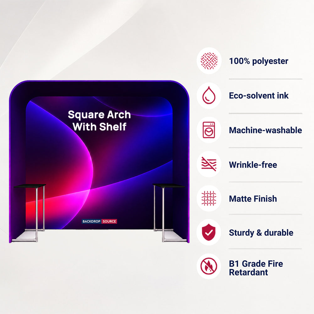 Square Arch Fabric Trade Show Booth with Built-In Shelf