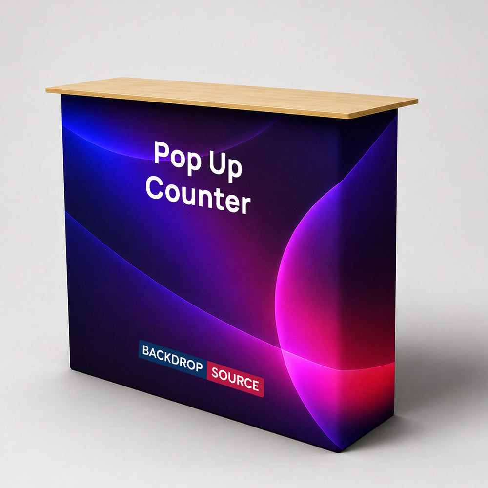 Banco espositivo pop-up in tessuto da tavolo (per esposizioni su podio e stand)