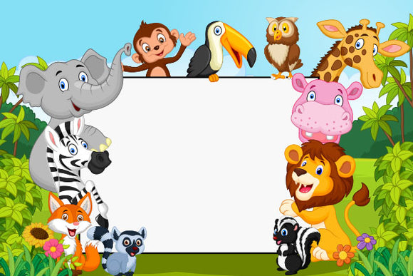 Cartoon Collection Animal With Blank Sign Backdrop - Backdropsource