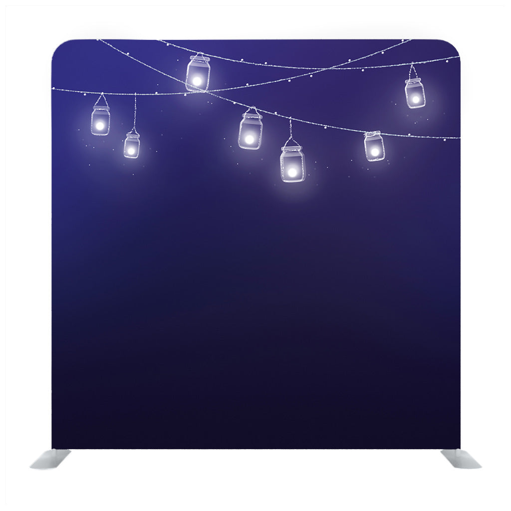 The Masson jar Garland Lights Over Wooden Blue Background Media Wall - Backdropsource