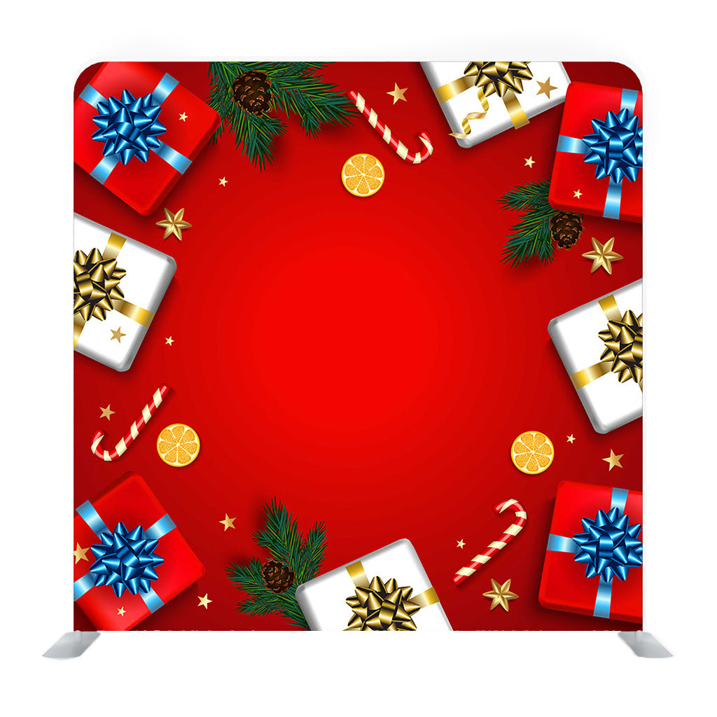 Vintage Christmas Greeting Card With Gifts Boxes Set With Bow Background Media Wall - Backdropsource