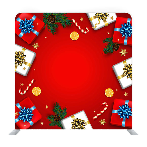 Vintage Christmas Greeting Card With Gifts Boxes Set With Bow Background Media Wall - Backdropsource